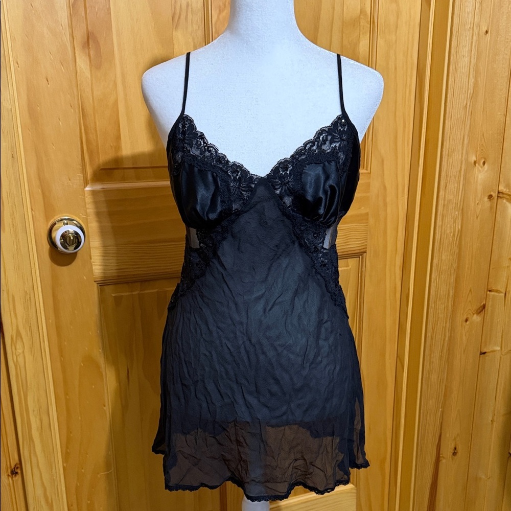Victoria's Secret Black Chiffon Baby Doll Sequin Sheer Lace Chemise Slip Dress.